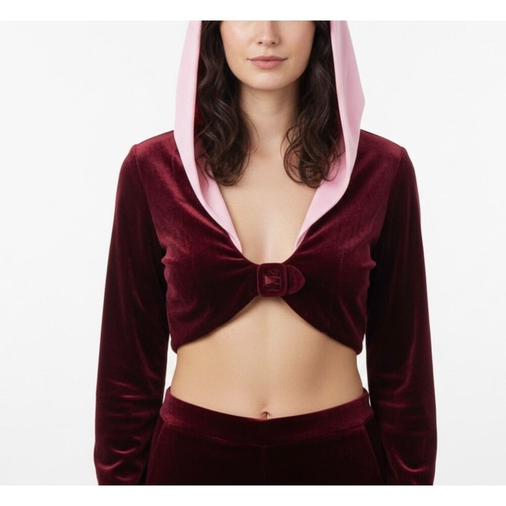 Women's Burgundy Velvet Pink Hooded Plunge Cropped LS Jacket Sz XS